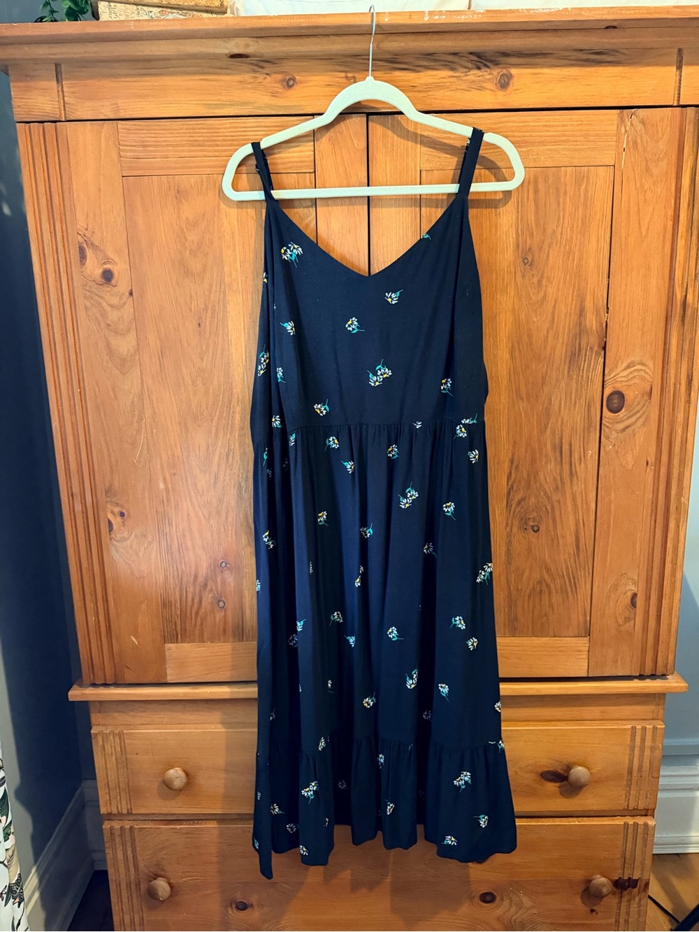 Old Navy Floral Tiered Slip Midi Dress with Blue and Yellow Accents
